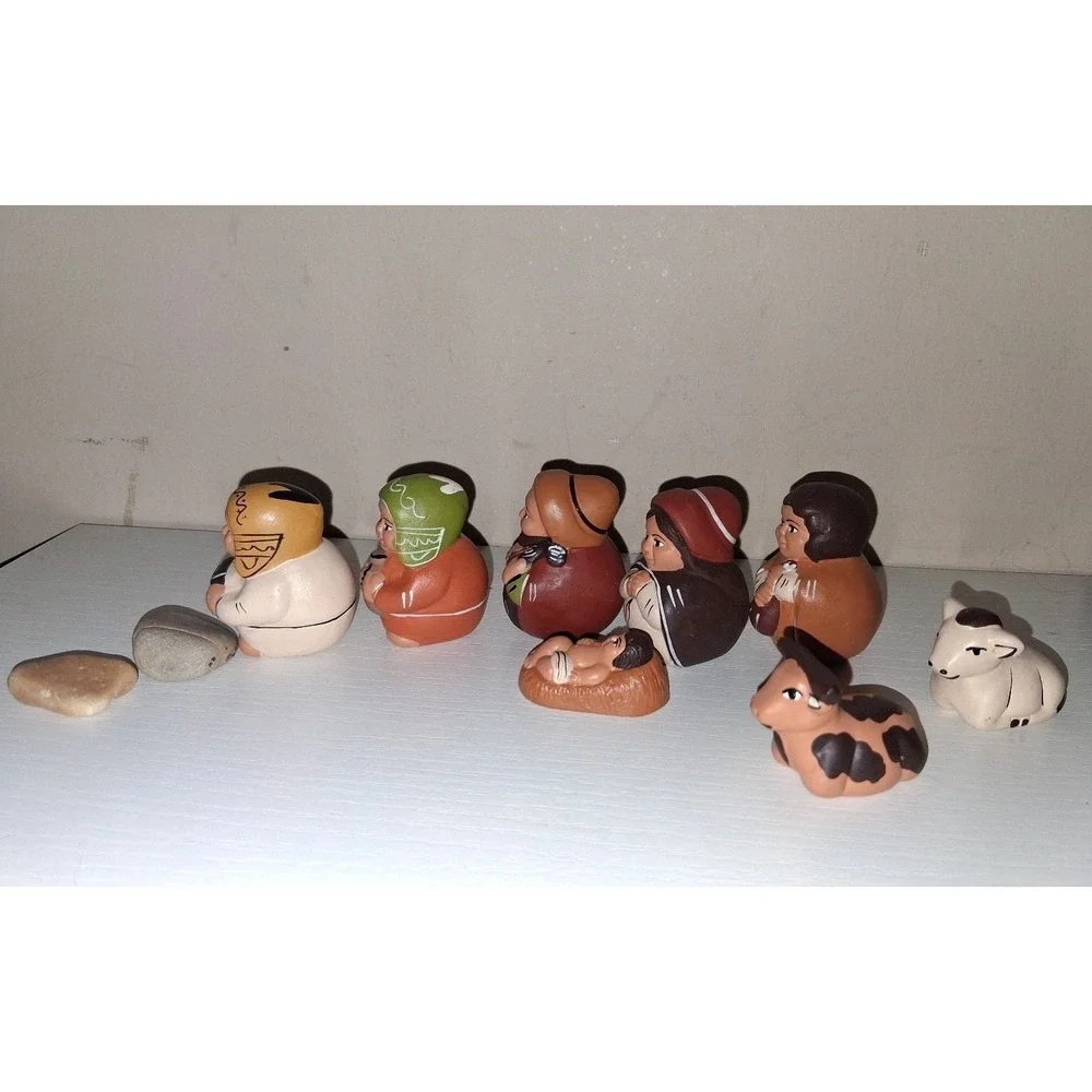 Handmade Miniature Clay Nativity Set Folk Art Christmas Creche 8 Pieces